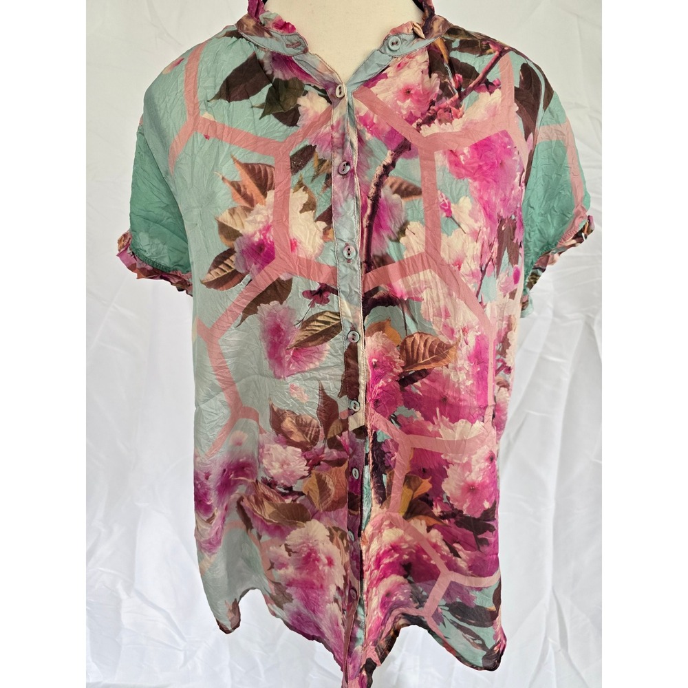 JOHNNY WAS Womens S Floral Geometric Print Short Sleeve Button Up Shirt‎ Top